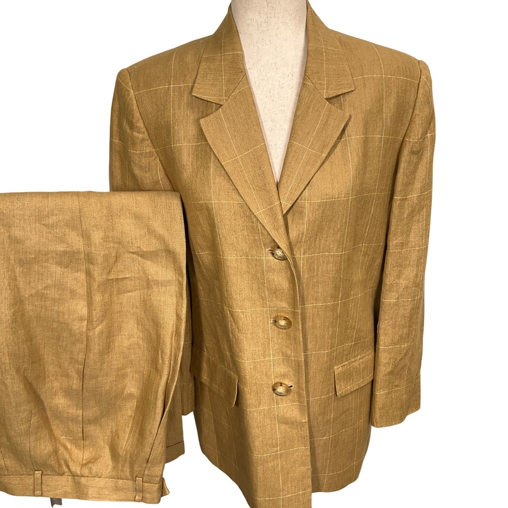 Talbots Pant Suit Womens Blazer 10 Pants 8 Golden Tan‎ Herringbone Plaid Linen
